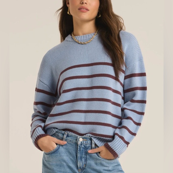Z Supply Boyfriend Stripe Sweater New Light Denim - Picture 1 of 7